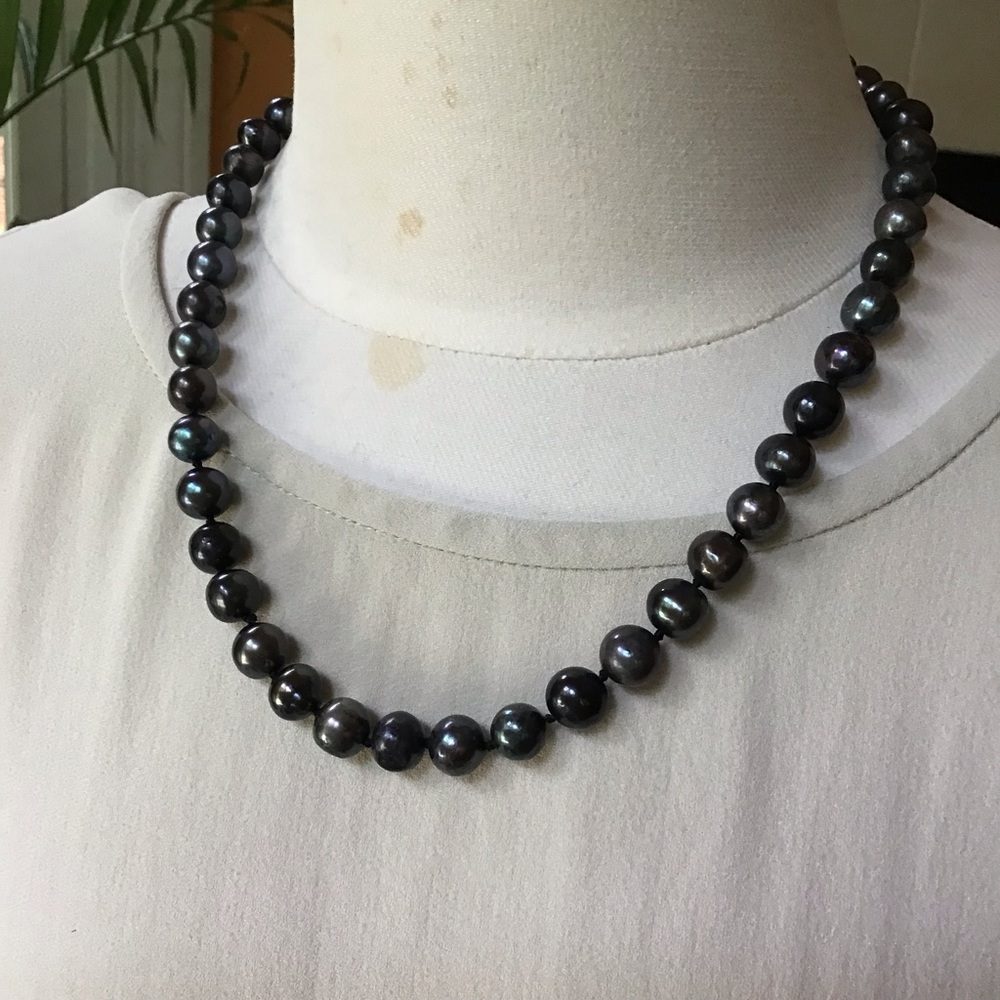 Sterling Silver Black iridescence Pearl Necklace 925 - Picture 6 of 12